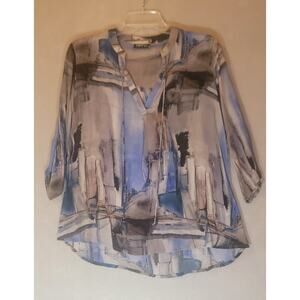 APNY Cupro Viscose Abstract Print V-Neck Blouse Blue Grey Medium
